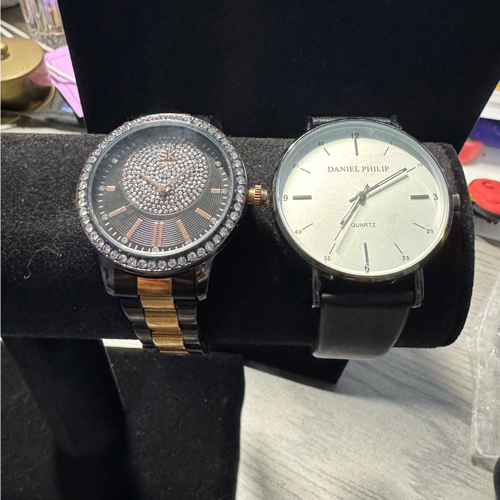 Daniel Philip Black Leather Watch and Sk Black Gold Bracelet Watch bundle